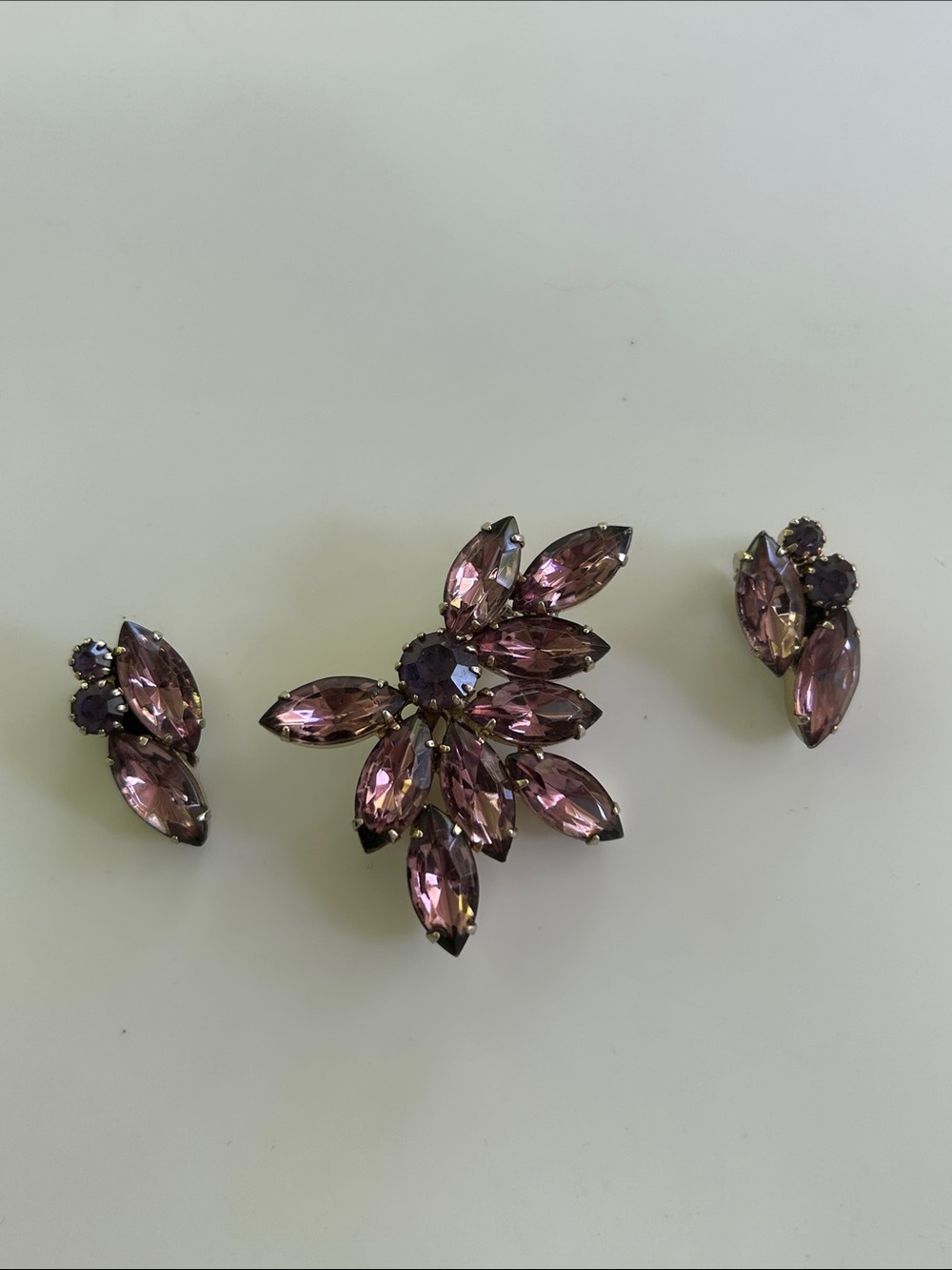 Vintage Lavender Rhinestone Brooch & Clip-On Earrings Set